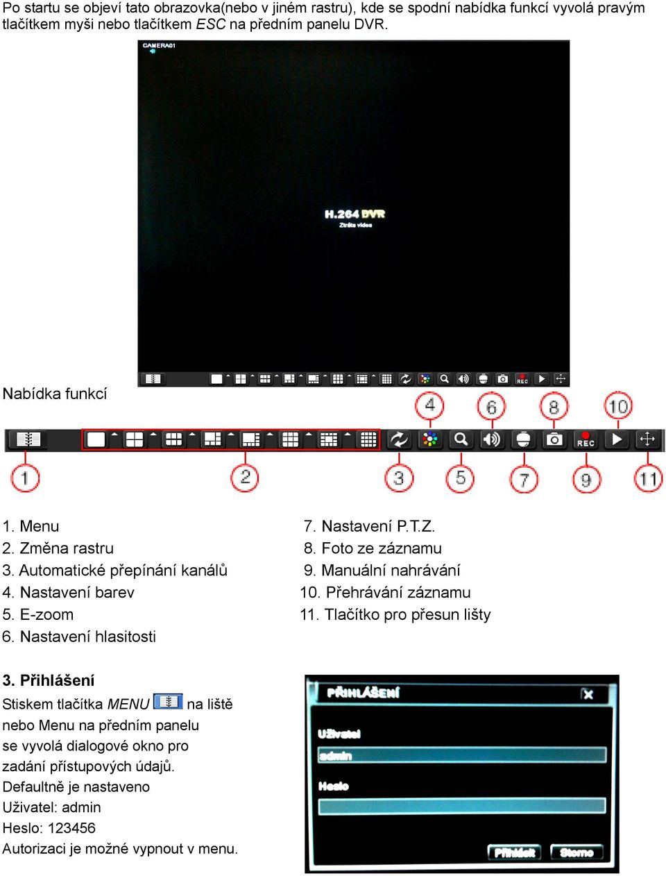 Nastavení barev 10. Přehrávání záznamu 5. E-zoom 11. Tlačítko pro přesun lišty 6. Nastavení hlasitosti 3.