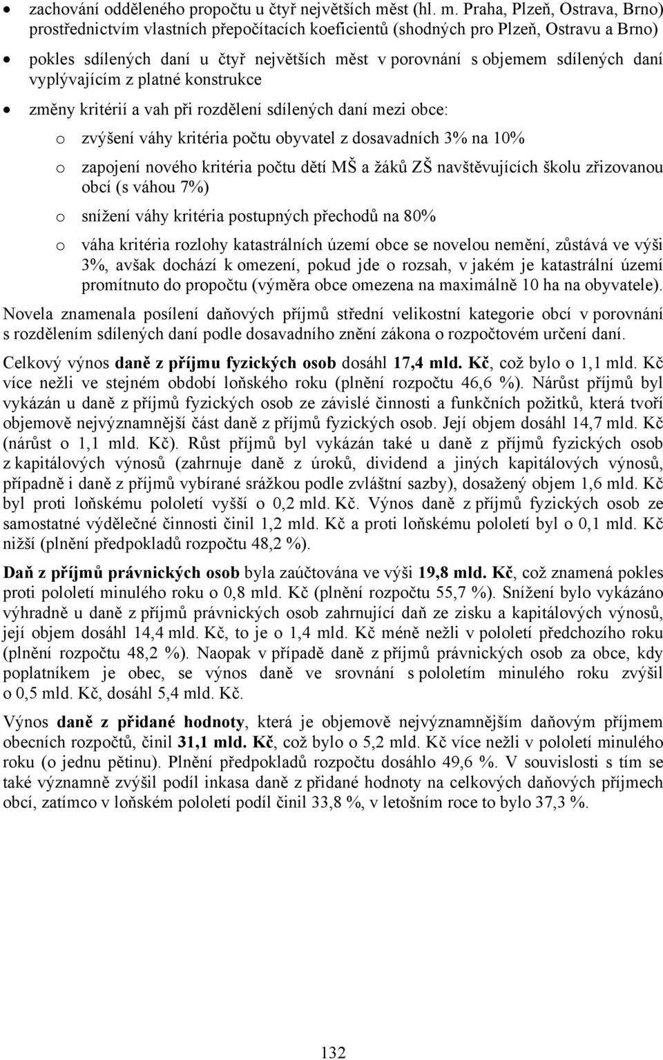 Praha, Plzeň, Ostrava, Brno) prostřednictvím vlastních přepočítacích koeficientů (shodných pro Plzeň, Ostravu a Brno) pokles sdílených daní u čtyř největších měst v porovnání s objemem sdílených daní
