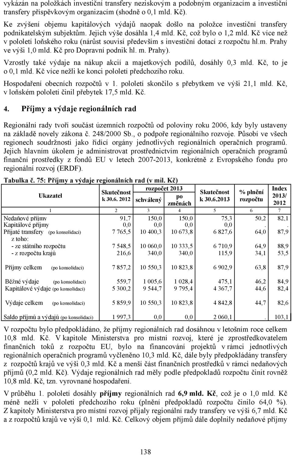 Kč více než v pololetí loňského roku (nárůst souvisí především s investiční dotací z rozpočtu hl.m. Prahy ve výši 1,0 mld. Kč pro Dopravní podnik hl. m. Prahy).