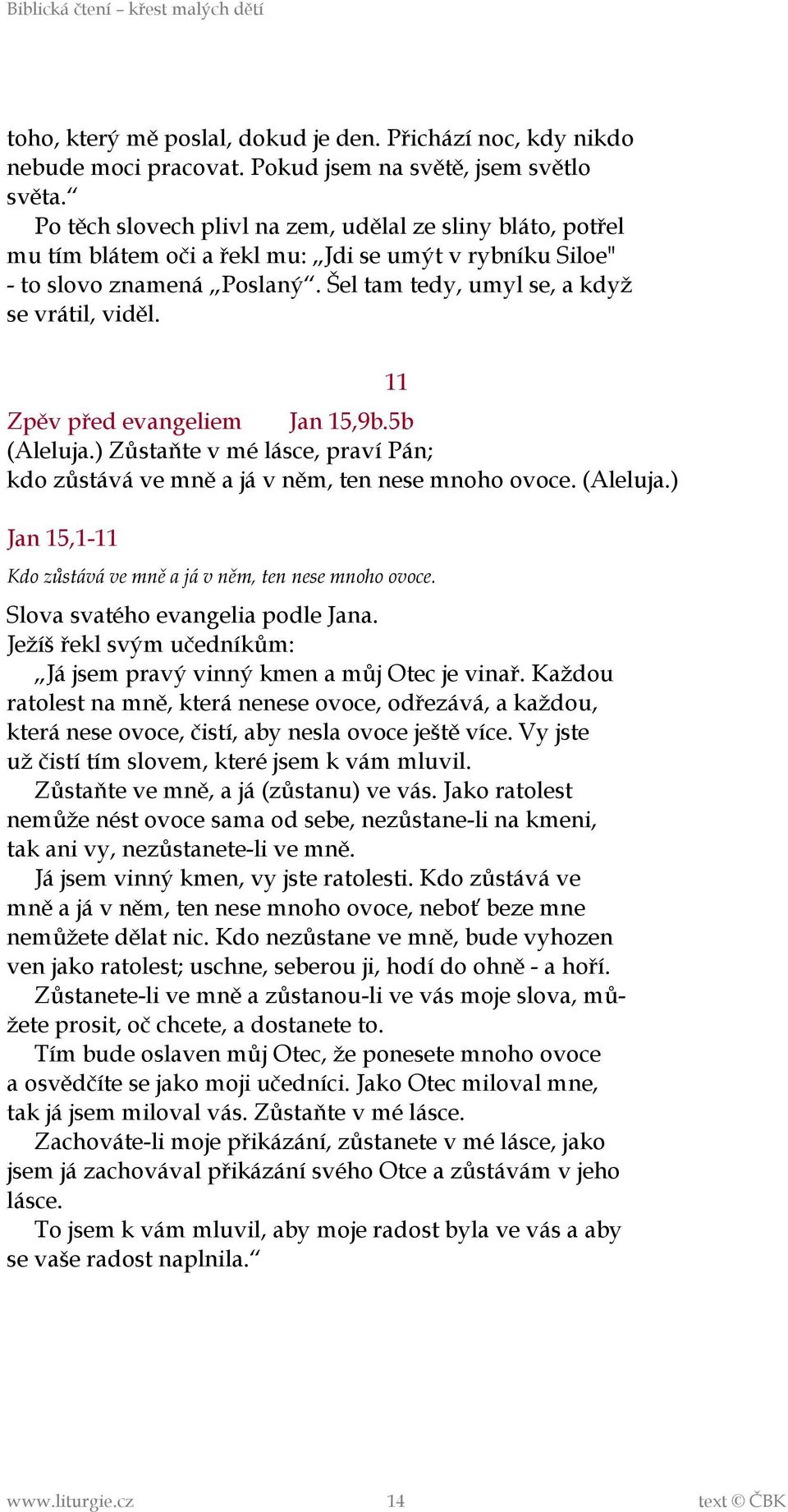 Zpěv před evangeliem Jan 15,9b.5b (Aleluja.) Zůstaňte v mé lásce, praví Pán; kdo zůstává ve mně a já v něm, ten nese mnoho ovoce. (Aleluja.) Jan 15,1-11 11 Kdo zůstává ve mně a já v něm, ten nese mnoho ovoce.