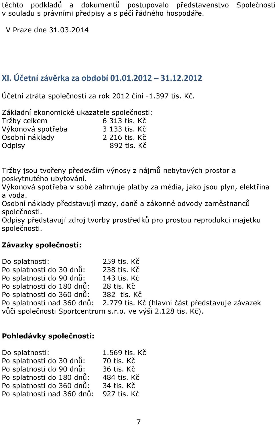 Kč Odpisy 892 tis. Kč Tržby jsou tvořeny především výnosy z nájmů nebytových prostor a poskytnutého ubytování. Výkonová spotřeba v sobě zahrnuje platby za média, jako jsou plyn, elektřina a voda.