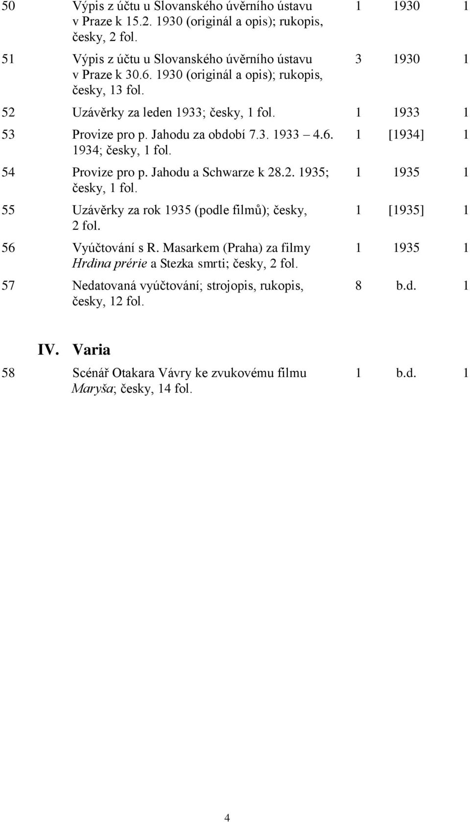 54 Provize pro p. Jahodu a Schwarze k 28.2. 1935; česky, 1 fol. 55 Uzávěrky za rok 1935 (podle filmů); česky, 2 fol. 56 Vyúčtování s R.