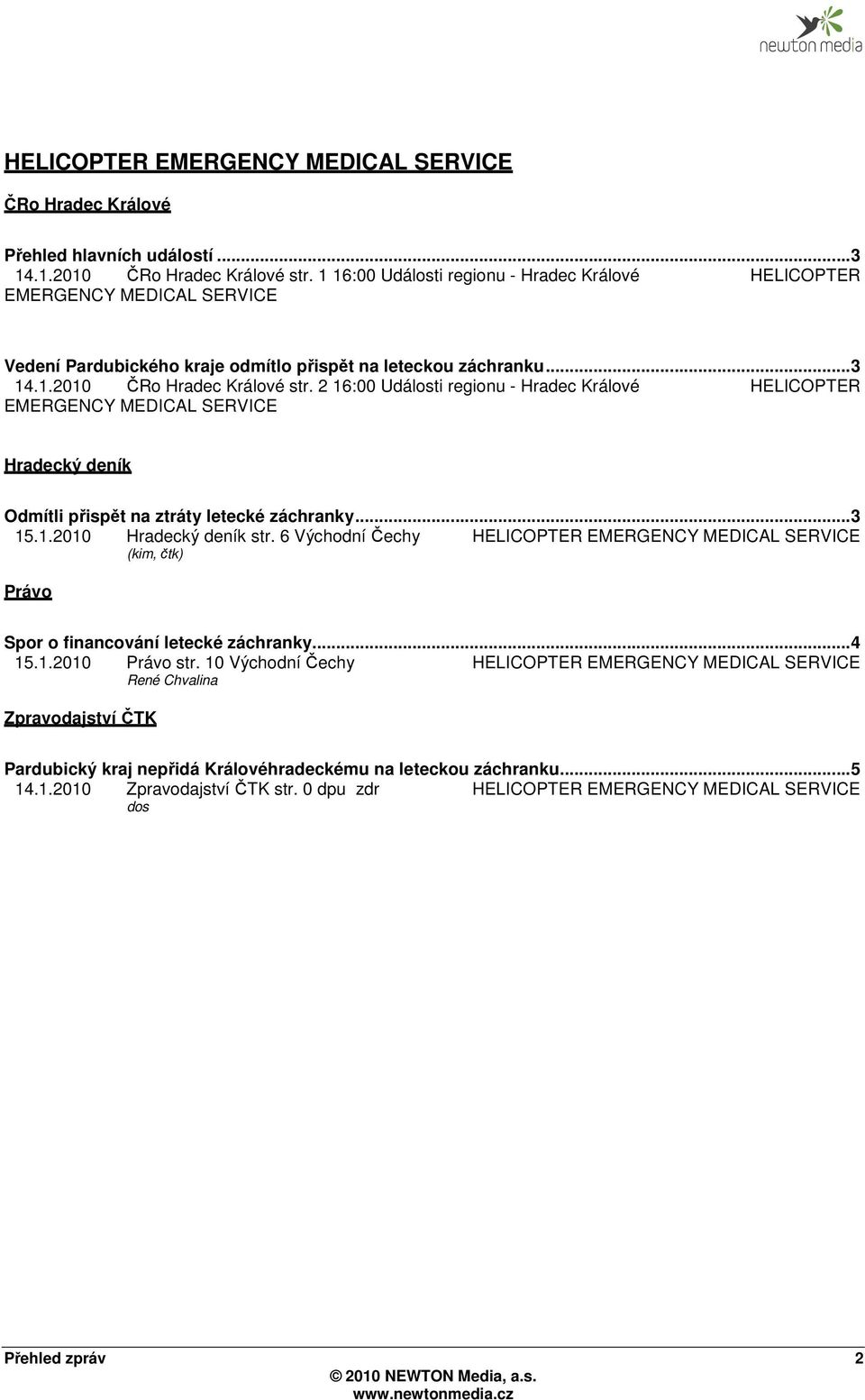 2 16:00 Události regionu - Hradec Králové HELICOPTER EMERGENCY MEDICAL SERVICE Hradecký deník Odmítli přispět na ztráty letecké záchranky... 3 15.1.2010 Hradecký deník str.