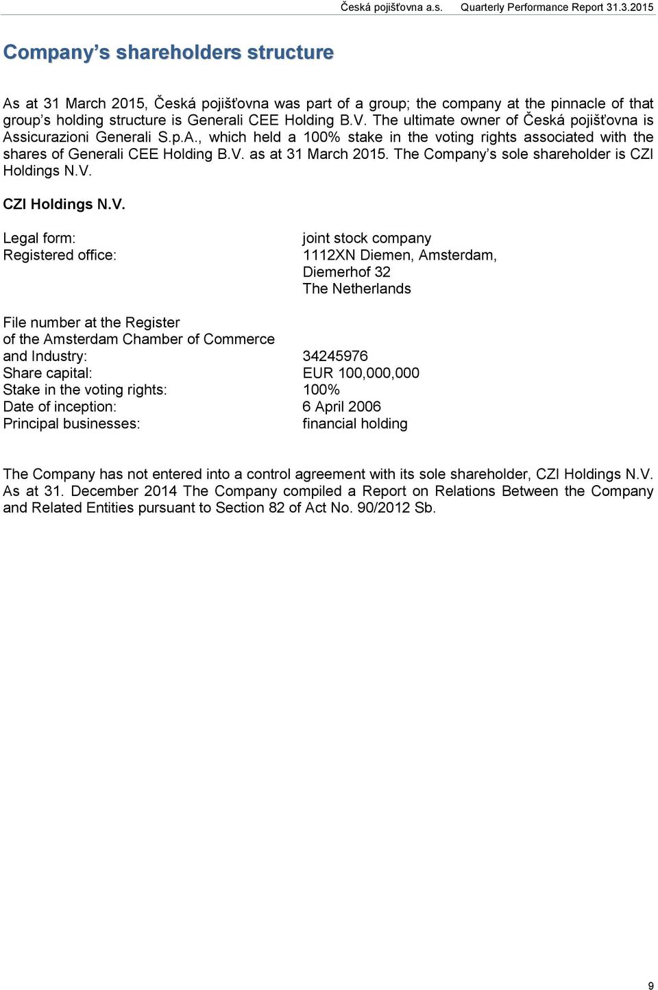 The Company s sole shareholder is CZI Holdings N.V.