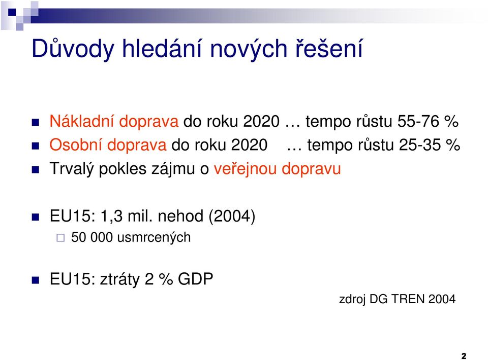 25-35 % Trvalý pokles zájmu o veřejnou dopravu EU15: 1,3 mil.