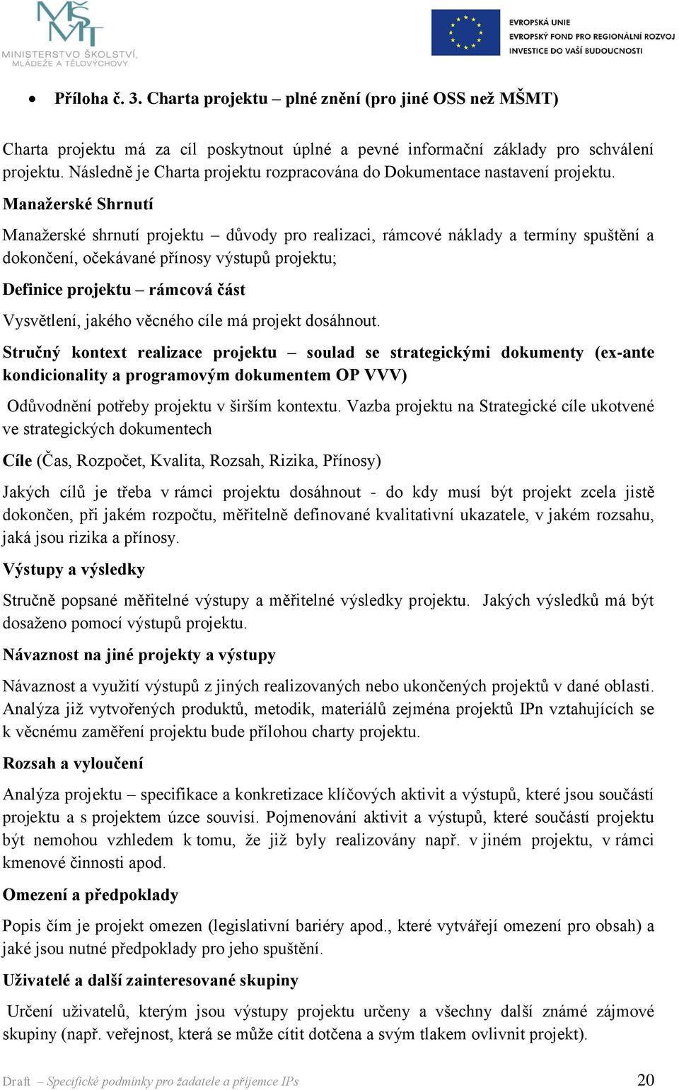 Manažerské Shrnutí Manažerské shrnutí projektu důvody pro realizaci, rámcové náklady a termíny spuštění a dokončení, očekávané přínosy výstupů projektu; Definice projektu rámcová část Vysvětlení,