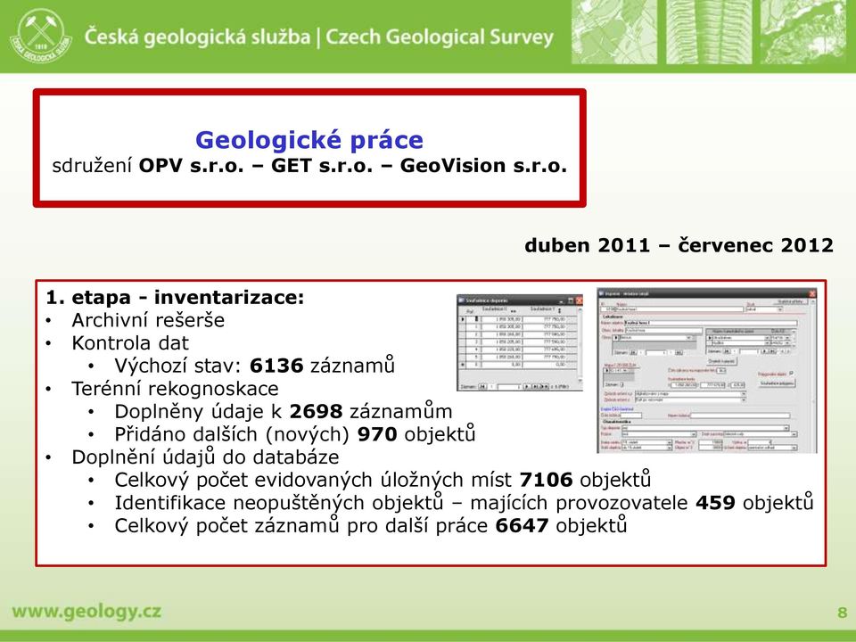 k 2698 záznamům Přidáno dalších (nových) 970 objektů Doplnění údajů do databáze Celkový počet evidovaných úložných