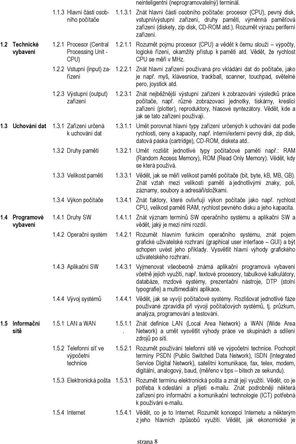 1 Znát hlavní části osobního počítače: procesor (CPU), pevný disk, vstupní/výstupní zařízení, druhy paměti, výměnná paměťová zařízení (diskety, zip disk, CD-ROM atd.). Rozumět výrazu periferní zařízení.