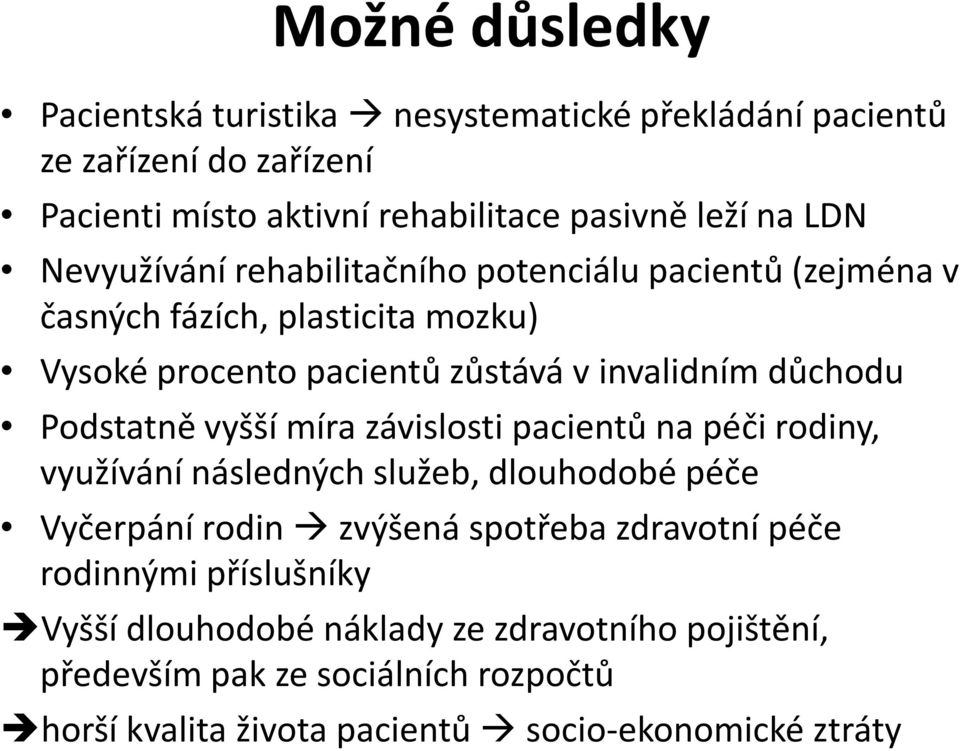 Podstatně vyšší míra závislosti pacientů na péči rodiny, využívání následných služeb, dlouhodobé péče Vyčerpání rodin zvýšená spotřeba zdravotní péče