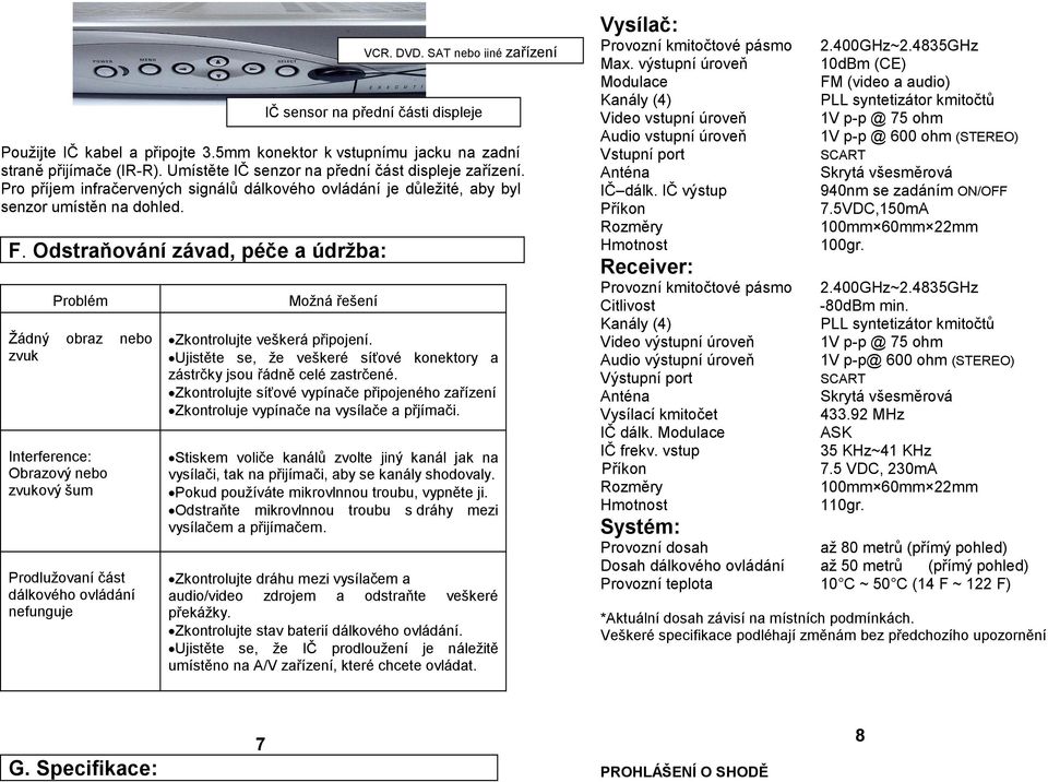 Odstraňování závad, péče a údrba: Problém Žádný obraz nebo zvuk Interference: Obrazový nebo zvukový šum Prodluovaní část dálkového ovládání nefunguje Moná řeení VCR, DVD, SAT nebo jiné zařízení IČ