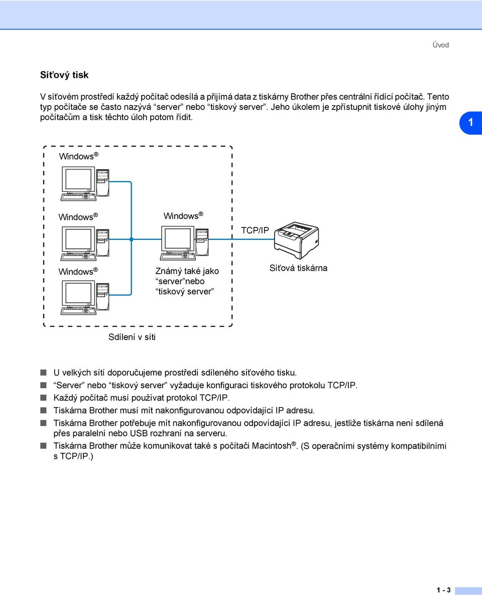 1 Windows Windows Windows TCP/IP Windows Známý také jako server nebo tiskový server Síťová tiskárna Sdílení v síti U velkých sítí doporučujeme prostředí sdíleného síťového tisku.