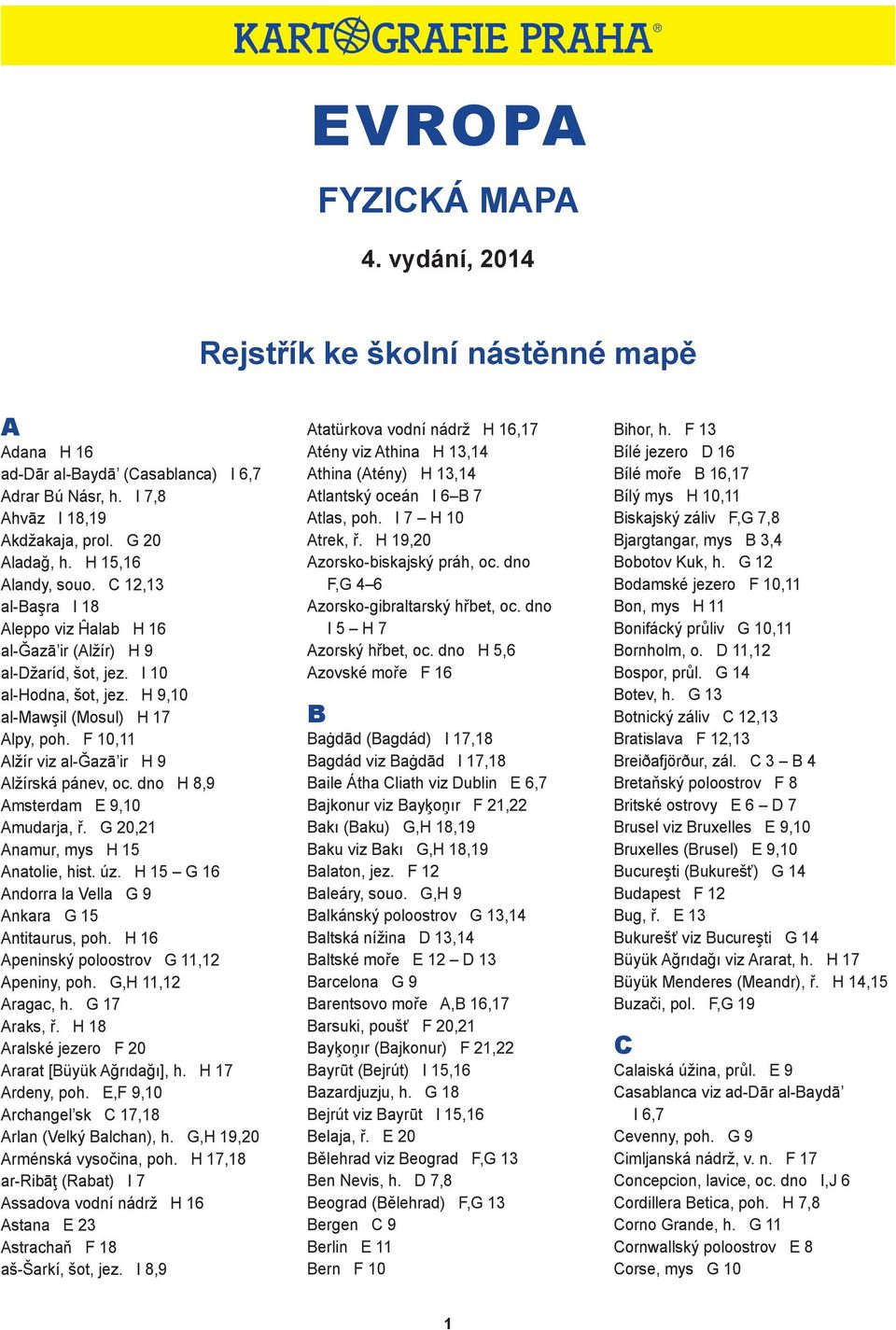 EVROPA FYZICKÁ MAPA. 4. vydání, Rejstřík ke školní nástěnné mapě - PDF  Stažení zdarma