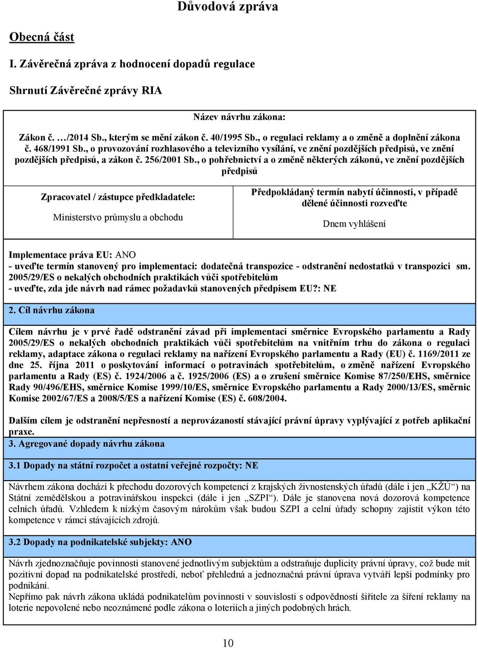 , o pohřebnictví a o změně některých zákonů, ve znění pozdějších předpisů Zpracovatel / zástupce předkladatele: Ministerstvo průmyslu a obchodu Předpokládaný termín nabytí účinnosti, v případě dělené