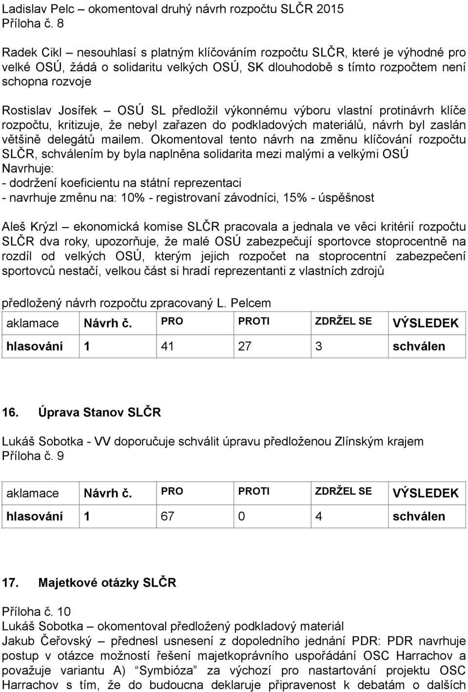 SL předložil výkonnému výboru vlastní protinávrh klíče rozpočtu, kritizuje, že nebyl zařazen do podkladových materiálů, návrh byl zaslán většině delegátů mailem.
