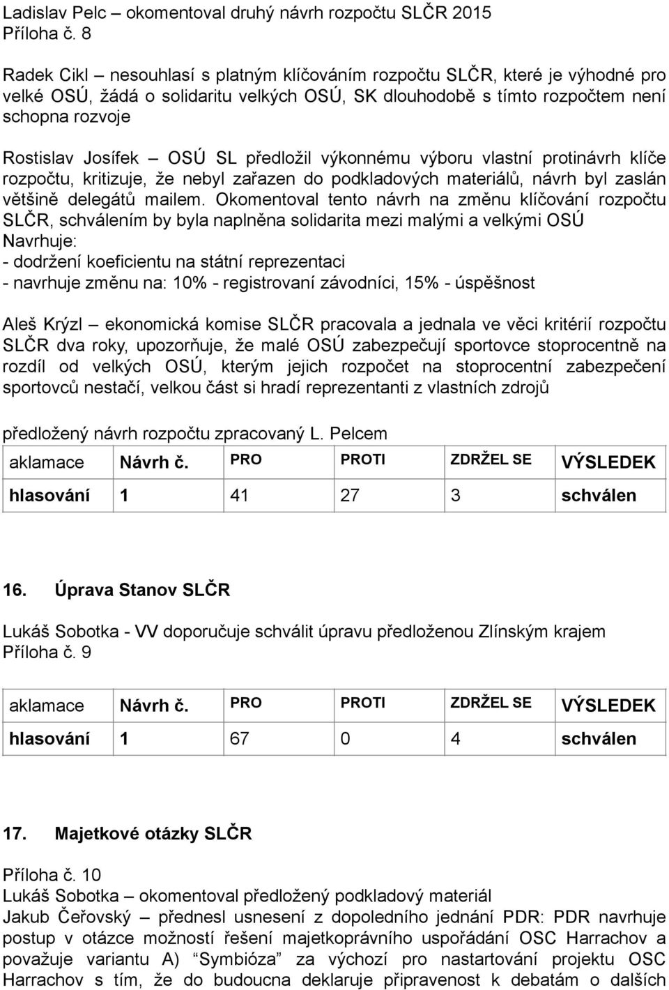 SL předložil výkonnému výboru vlastní protinávrh klíče rozpočtu, kritizuje, že nebyl zařazen do podkladových materiálů, návrh byl zaslán většině delegátů mailem.