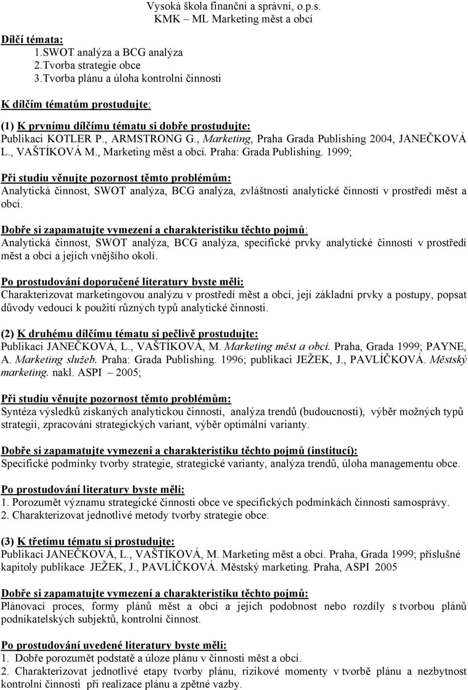 1999; Analytická činnost, SWOT analýza, BCG analýza, zvláštnosti analytické činností v prostředí měst a obcí.