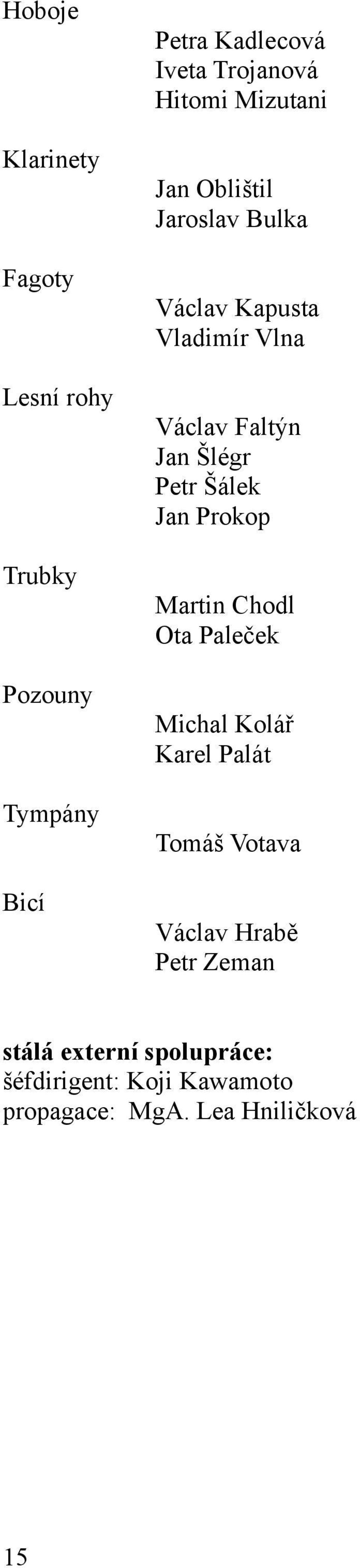 Trubky Martin Chodl Ota Paleček Pozouny Michal Kolář Karel Palát Tympány Tomáš Votava Bicí