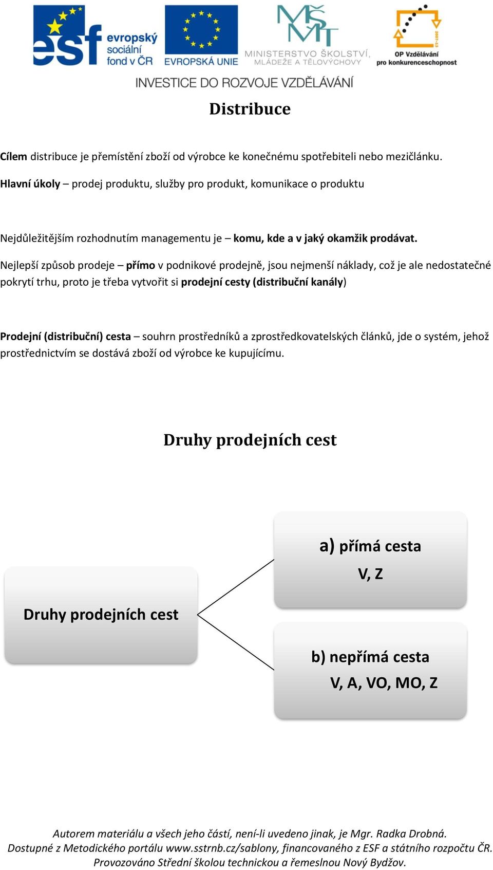 Nejlepší způsob prodeje přímo v podnikové prodejně, jsou nejmenší náklady, což je ale nedostatečné pokrytí trhu, proto je třeba vytvořit si prodejní cesty (distribuční