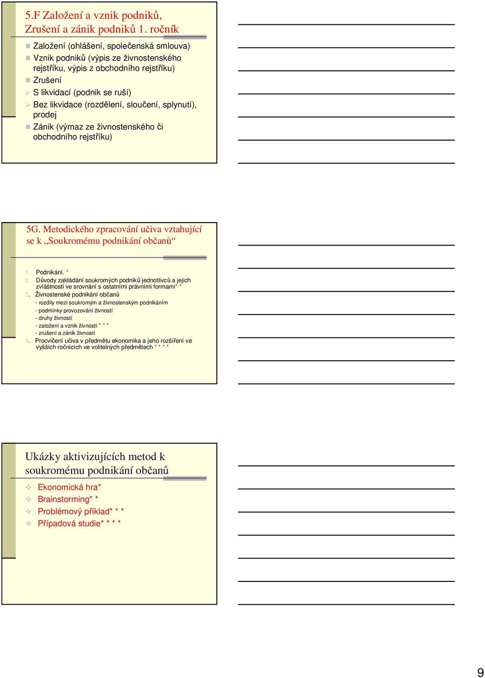 sloučení, splynutí), prodej Zánik (výmaz ze živnostenského či obchodního rejstříku) 5G. Metodického zpracování učiva vztahující se k Soukromému podnikání občanů 1. Podnikání. * 2.