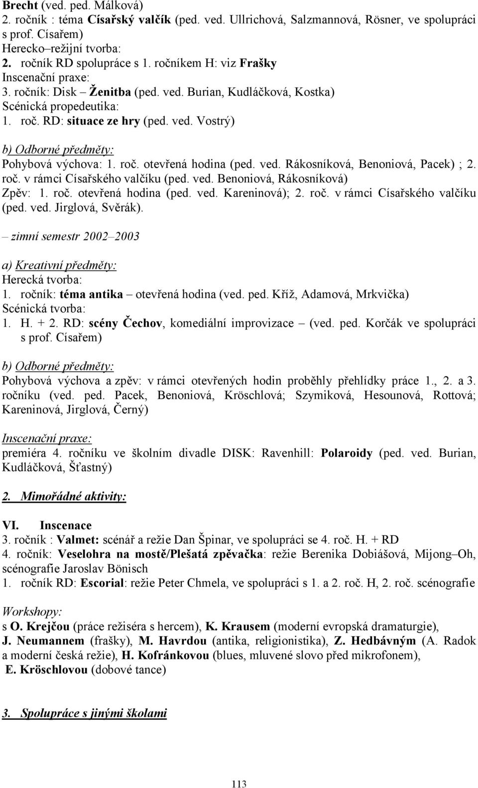 roč. otevřená hodina (ped. ved. Rákosníková, Benoniová, Pacek) ; 2. roč. v rámci Císařského valčíku (ped. ved. Benoniová, Rákosníková) Zpěv: 1. roč. otevřená hodina (ped. ved. Kareninová); 2. roč. v rámci Císařského valčíku (ped. ved. Jirglová, Svěrák).