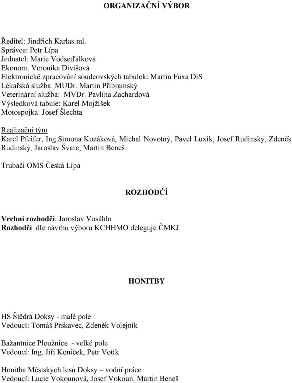 Martin Příbramský Veterinární služba: MVDr. Pavlína Zachardová Výsledková tabule: Karel Mojžíšek Motospojka: Josef Šlechta Realizační tým Karel Pfeifer, Ing.