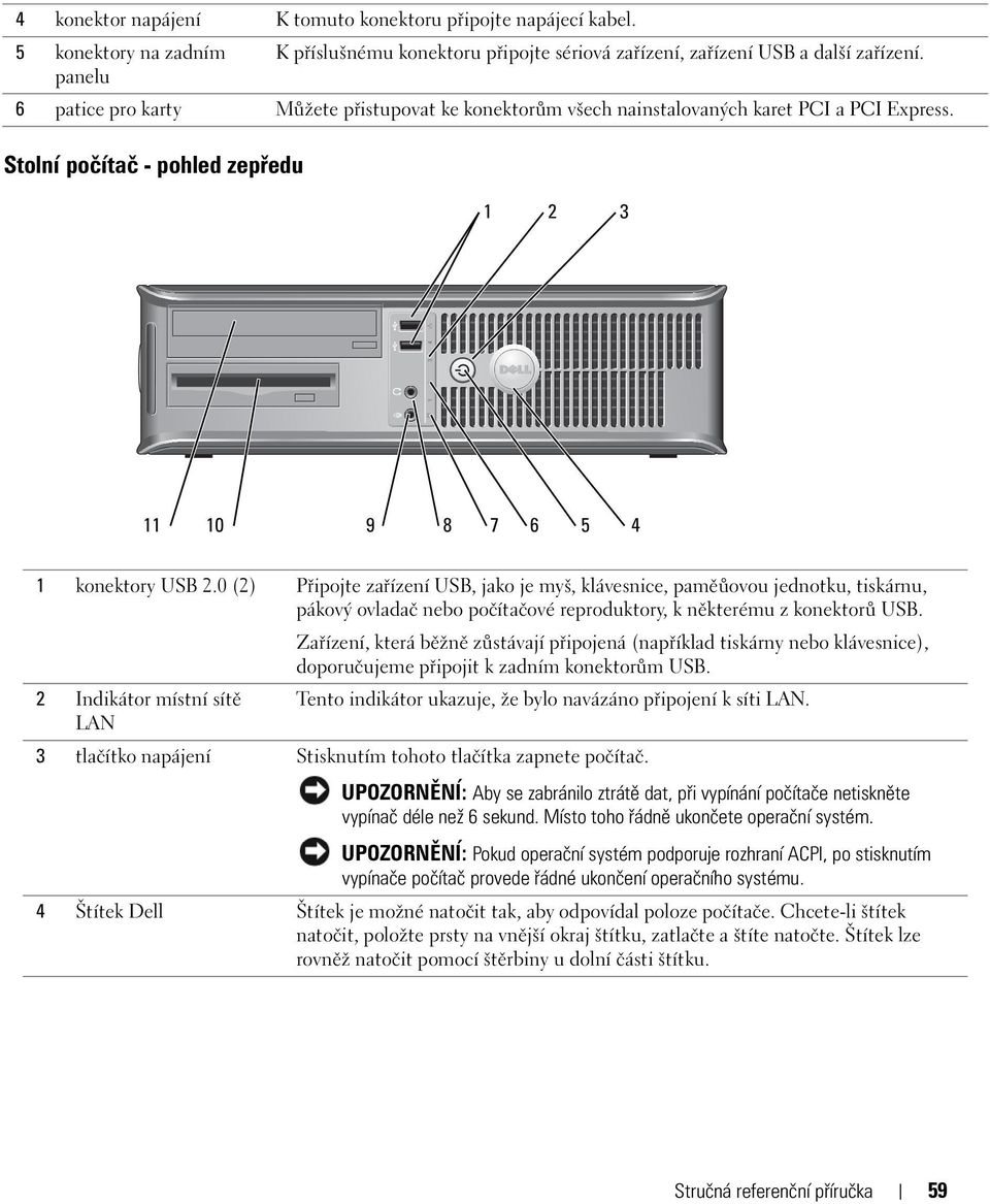 0 (2) Připojte zařízení USB, jako je myš, klávesnice, paměůovou jednotku, tiskárnu, pákový ovladač nebo počítačové reproduktory, k některému z konektorů USB.
