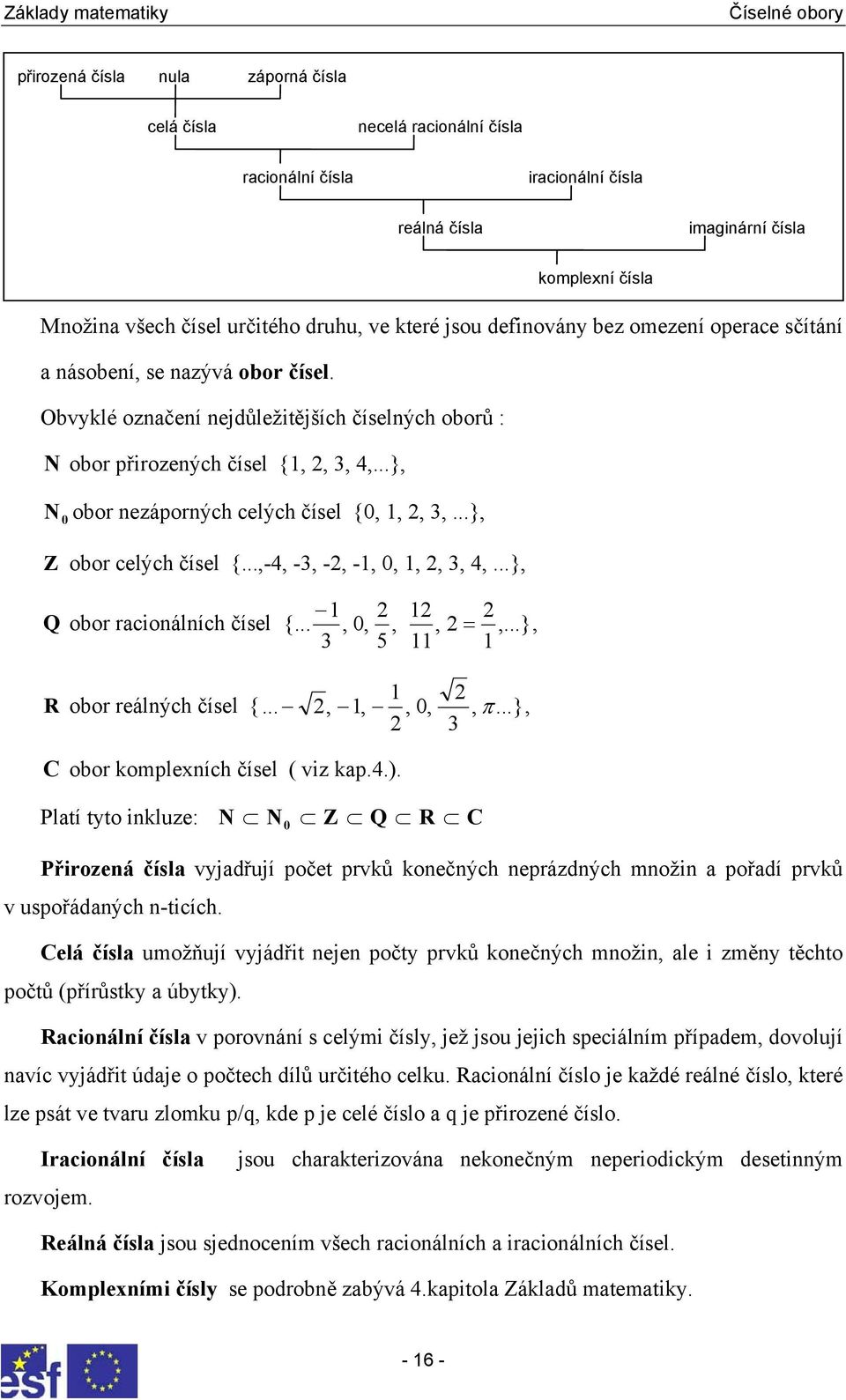 rcioálích čísel { 0 } R oor reálých čísel { 0 π} C oor kompleích čísel viz kp) Pltí tto ikluze N N 0 Z Q R C Přirozeá čísl vjdřují počet prvků koečých eprázdých moži pořdí prvků v uspořádých -ticích
