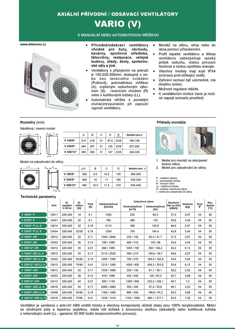 Ventilátory s připojením na potrubí ø 150-230-300mm, dostupné s nebo bez lankového ovládání (Pullcord), automatickou mřížkou (A), zvýšeným vzduchovým výkonem (), reverzním chodem (R) nebo s