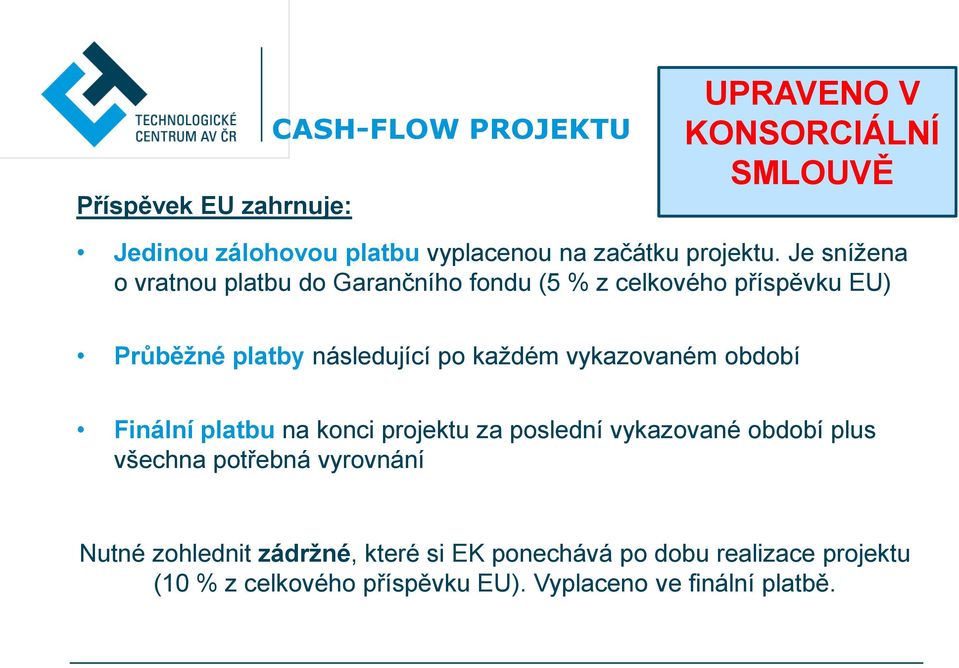 Je snížena o vratnou platbu do Garančního fondu (5 % z celkového příspěvku EU) Průběžné platby následující po každém