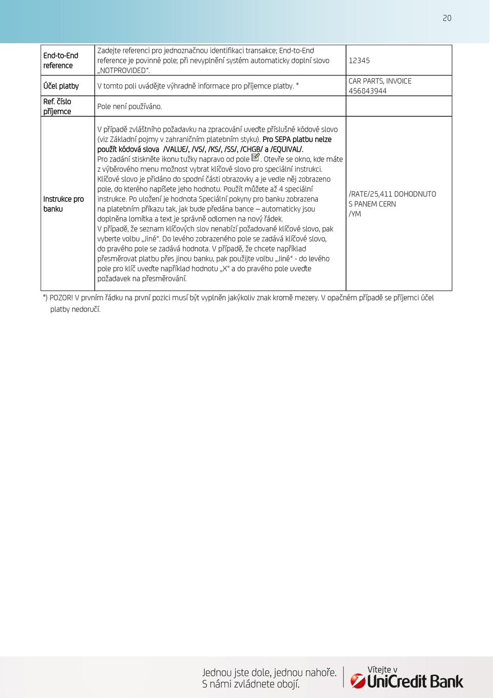 12345 CAR PARTS, INVOICE 456843944 Instrukce pro banku V případě zvláštního požadavku na zpracování uveďte příslušné kódové slovo (viz Základní pojmy v zahraničním platebním styku).