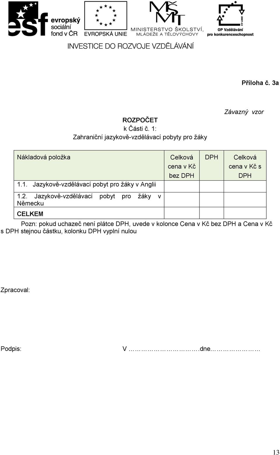 Kč cena v Kč s bez DPH DPH 1.1. Jazykově-vzdělávací pobyt pro žáky v Anglii 1.2.