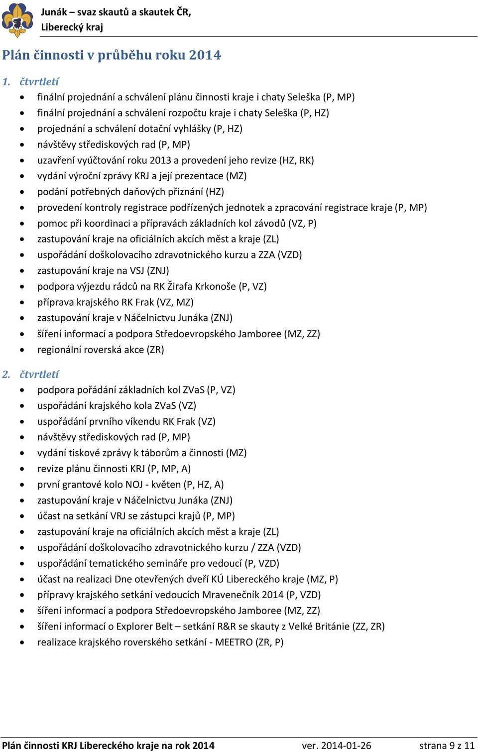 HZ) návštěvy střediskových rad (P, MP) uzavření vyúčtování roku 2013 a provedení jeho revize (HZ, RK) vydání výroční zprávy KRJ a její prezentace (MZ) podání potřebných daňových přiznání (HZ)