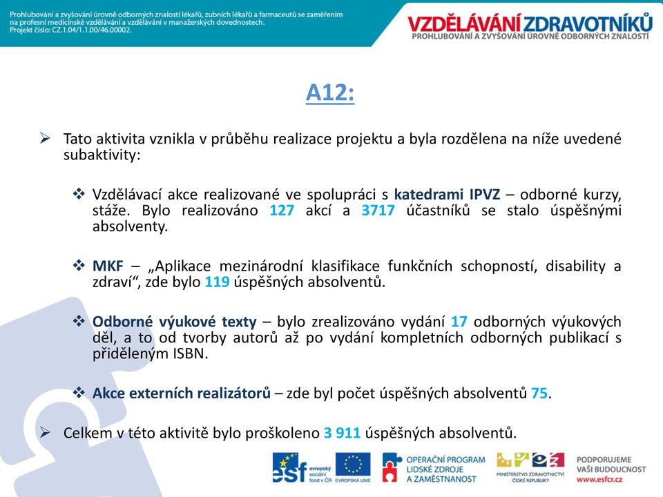 MKF Aplikace mezinárodní klasifikace funkčních schopností, disability a zdraví, zde bylo 119 úspěšných absolventů.