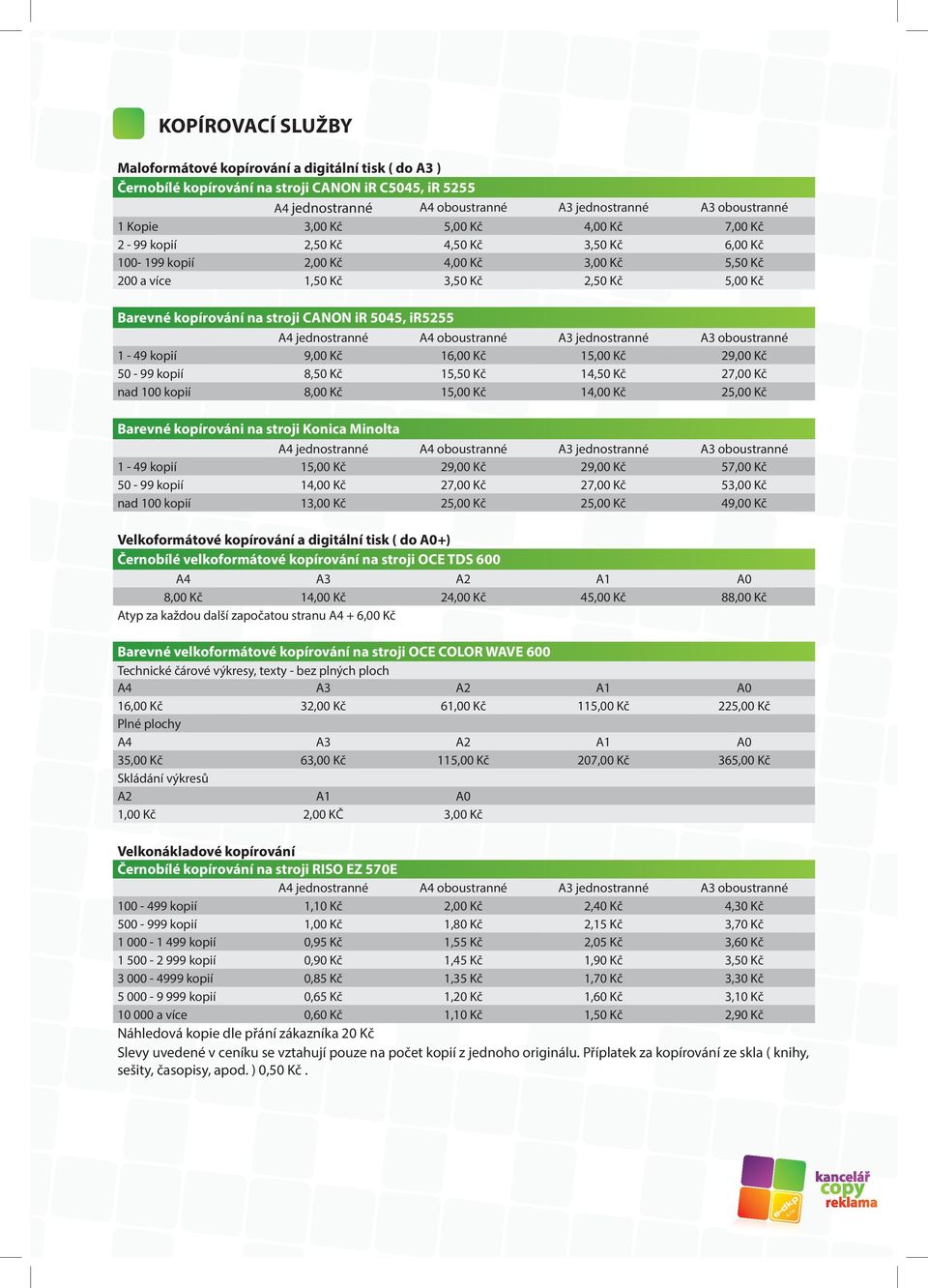 5045, ir5255 A4 jednostranné A4 oboustranné A3 jednostranné A3 oboustranné 1 49 kopií 9,00 Kč 16,00 Kč 15,00 Kč 29,00 Kč 50 99 kopií 8,50 Kč 15,50 Kč 14,50 Kč 27,00 Kč nad 100 kopií 8,00 Kč 15,00 Kč