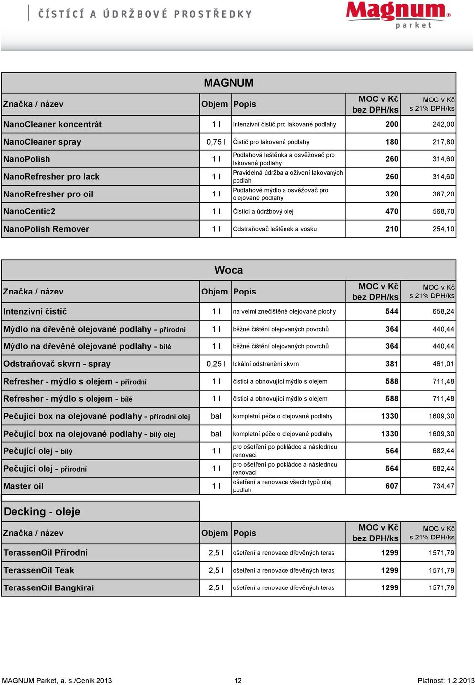 olejované podlahy 260 314,60 260 314,60 320 387,20 NanoCentic2 1 l Čisticí a údržbový olej 470 568,70 NanoPolish Remover 1 l Odstraňovač leštěnek a vosku 210 254,10 Woca Značka / název Objem Popis