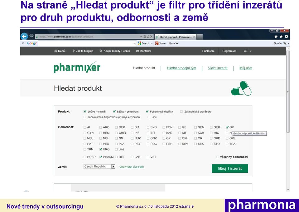produktu, odbornosti a země