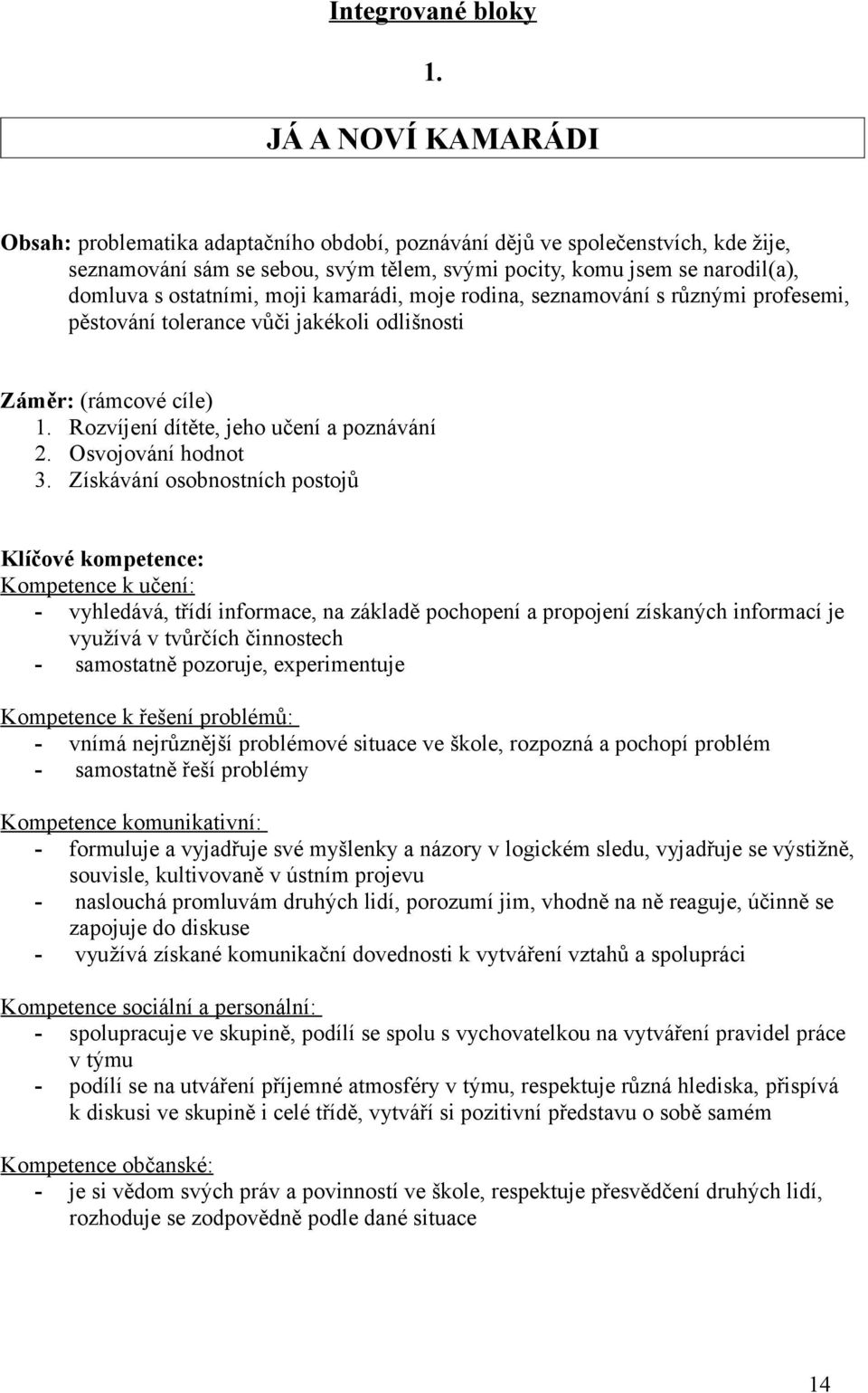 ostatními, moji kamarádi, moje rodina, seznamování s různými profesemi, pěstování tolerance vůči jakékoli odlišnosti Záměr: (rámcové cíle) 1. Rozvíjení dítěte, jeho učení a poznávání 2.