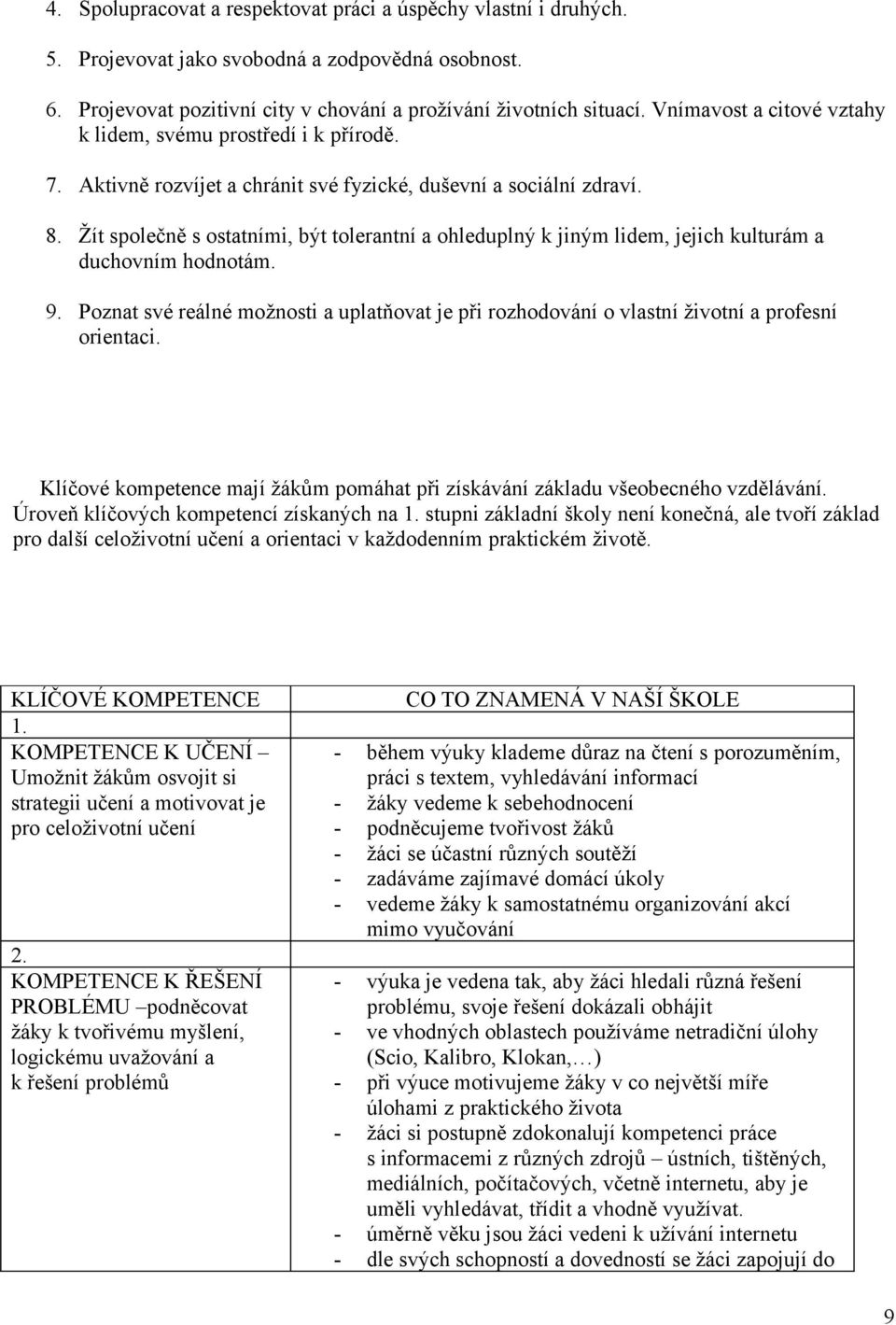 Žít společně s ostatními, být tolerantní a ohleduplný k jiným lidem, jejich kulturám a duchovním hodnotám. 9.