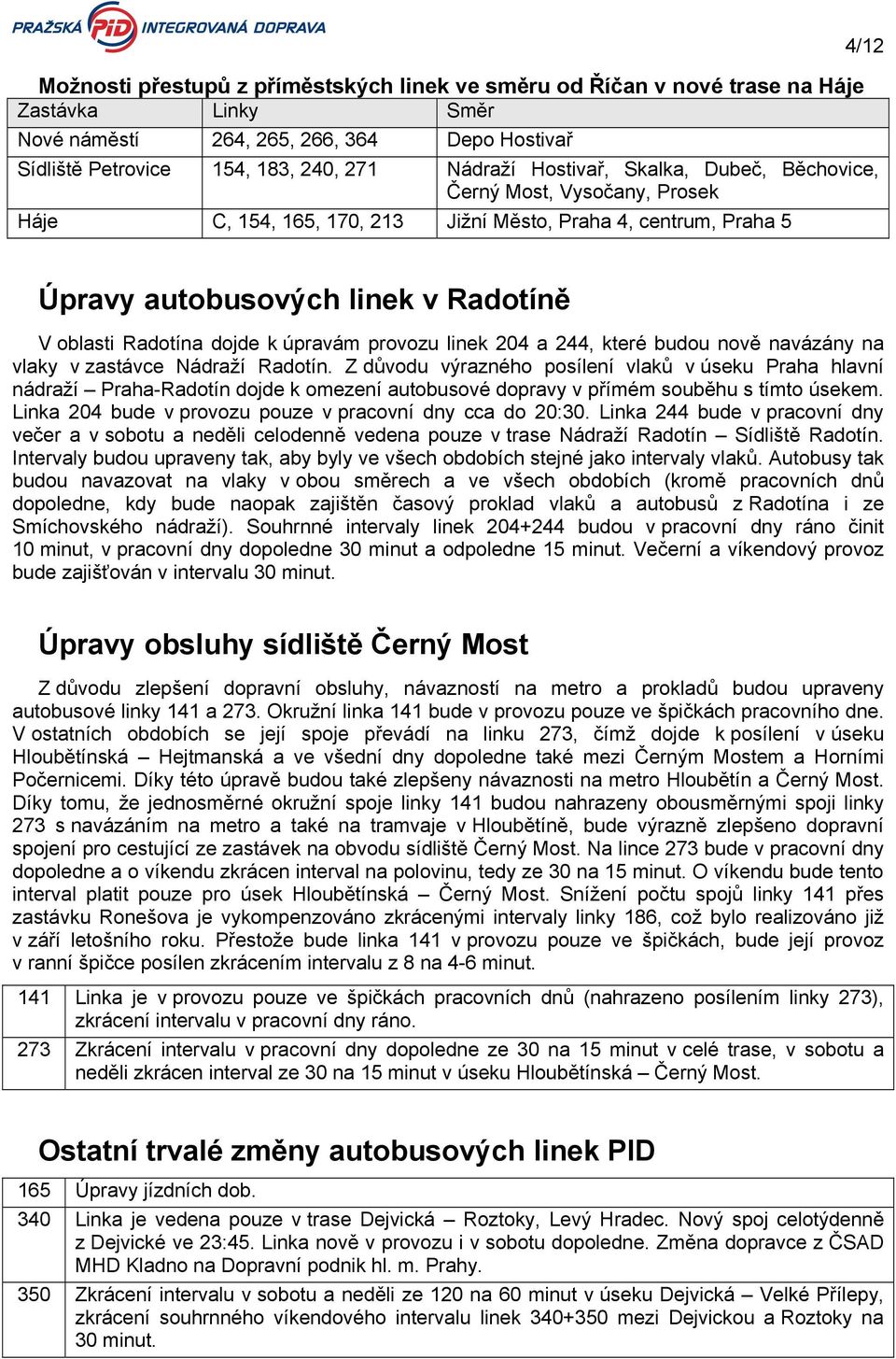 provozu linek 204 a 244, které budou nově navázány na vlaky v zastávce Nádraží Radotín.