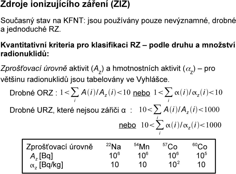 aktivit (α Z ) pro většinu radionuklidů jsou tabelovány ve Vyhlášce.