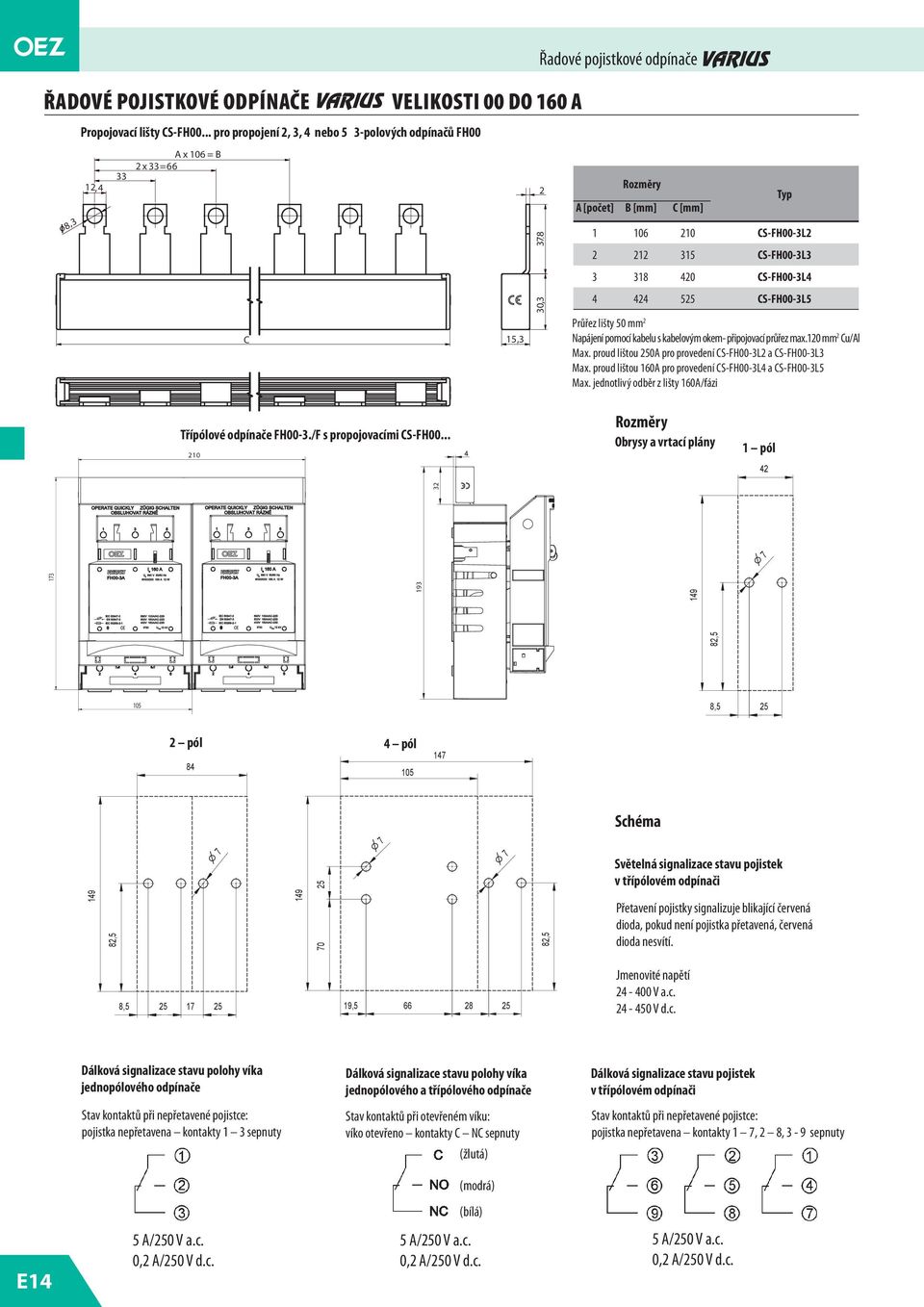 CS-FH00-3L5 C 15,3 Průřez lišty 50 mm 2 Napájení pomocí kabelu s kabelovým okem- připojovací průřez max.120 mm 2 Cu/Al Max. proud lištou 0A pro provedení CS-FH00-3L2 a CS-FH00-3L3 Max.