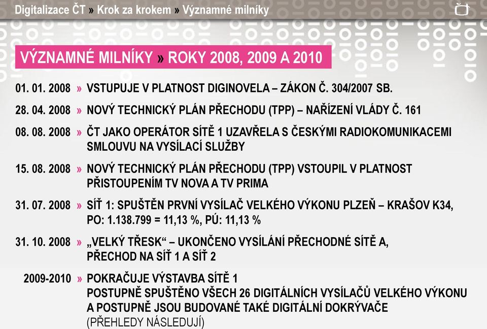 07. 2008» SÍŤ 1: SPUŠTĚN PRVNÍ VYSÍLAČ VELKÉHO VÝKONU PLZEŇ KRAŠOV K34, PO: 1.138.799 = 11,13 %, PÚ: 11,13 % 31. 10.