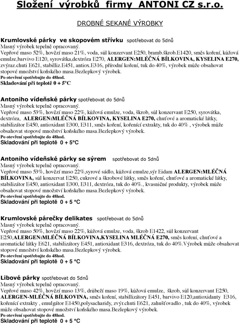 e316, přírodní koření, tuk do 40%, výrobek může obsahovat stopové množství koňského masa.