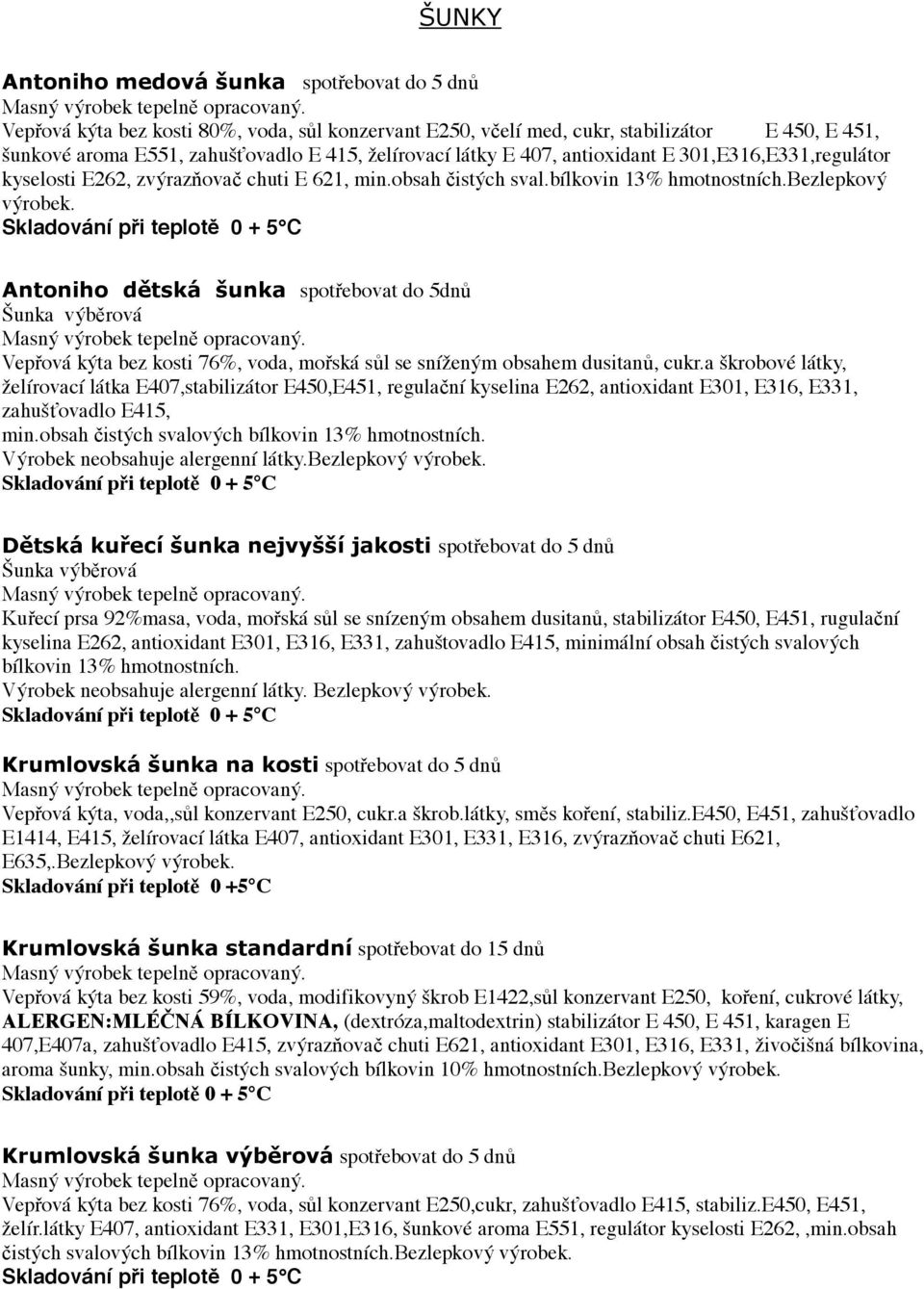 Antoniho dětská šunka spotřebovat do 5dnů Šunka výběrová Vepřová kýta bez kosti 76%, voda, mořská sůl se sníženým obsahem dusitanů, cukr.