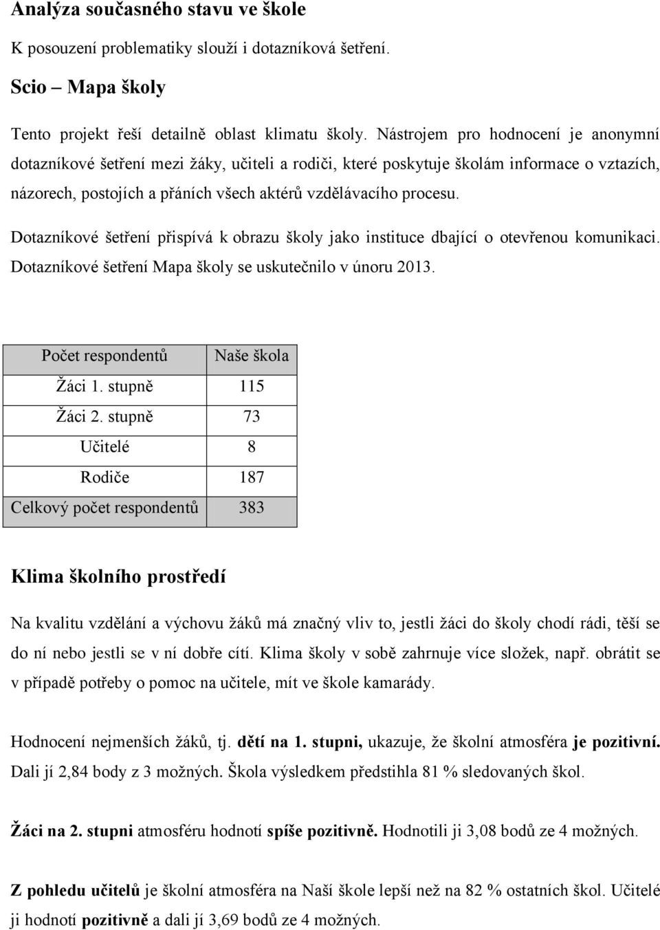 Dotazníkové šetření přispívá k obrazu školy jako instituce dbající o otevřenou komunikaci. Dotazníkové šetření Mapa školy se uskutečnilo v únoru 2013. Počet respondentů Naše škola Žáci 1.