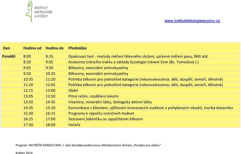 11:20 12:05 Potřeba bílkovin pro jednotlivé kategorie (rekonvalescence, děti, dospělí, senioři, těhotné) 13:05 13:50 Pitný režim, rozdělení tekutin 13:50 14:35 Vitamíny, minerální látky, biologicky