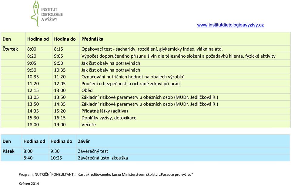 10:35 11:20 Označování nutričních hodnot na obalech výrobků 11:20 12:05 Poučení o bezpečnosti a ochraně zdraví při práci 13:05 13:50 Základní rizikové parametry u obézních osob (MUDr.