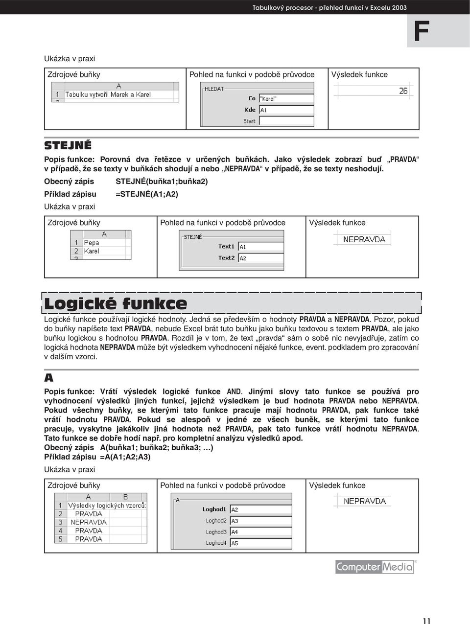 Obecný zápis STEJNÉ(buňka1;buňka2) Příklad zápisu =STEJNÉ(A1;A2) Logické funkce Logické funkce používají logické hodnoty. Jedná se především o hodnoty PAVDA a NEPAVDA.