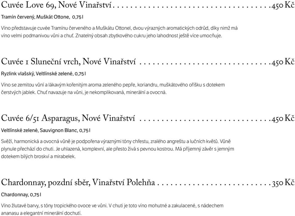 Znatelný obsah zbytkového cukru jeho lahodnost ještě více umocňuje. Cuvée 1 Sluneční vrch, Nové Vinařství.