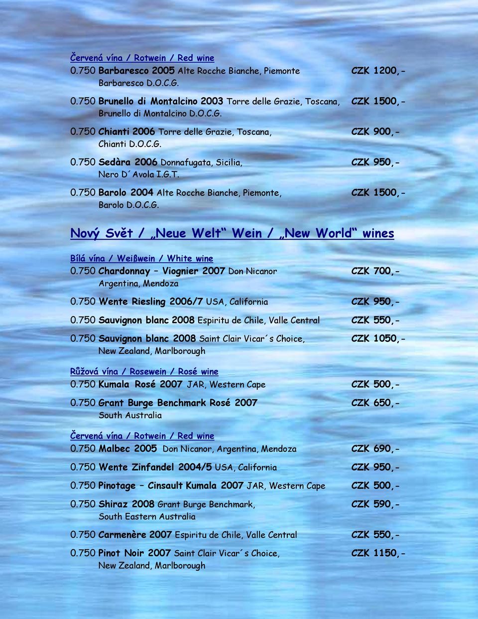 750 Chardonnay Viognier 2007 Don Nicanor CZK 700,- Argentina, Mendoza 0.750 Wente Riesling 2006/7 USA, California CZK 950,- 0.750 Sauvignon blanc 2008 Espiritu de Chile, Valle Central CZK 550,- 0.